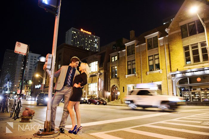 night downtown chicago city engagement photos