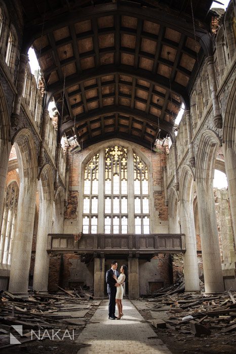 abandoned cathedral gary IN engagement photo