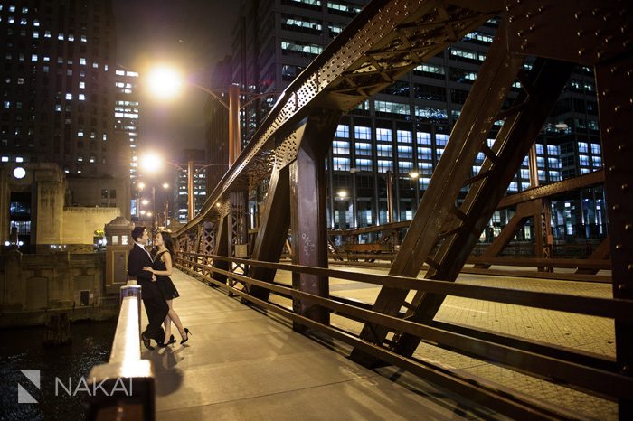 chicago night engagement photo bridge
