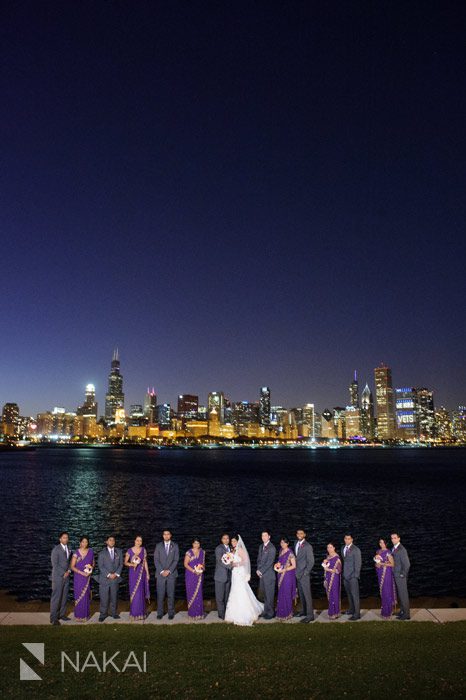 chicago skyline adler planetarium night wedding photo 