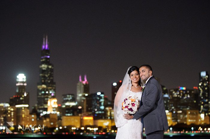 chicago skyline adler planetarium night wedding picture 