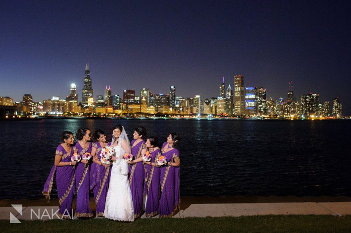 chicago skyline night wedding picture adler planetarium 