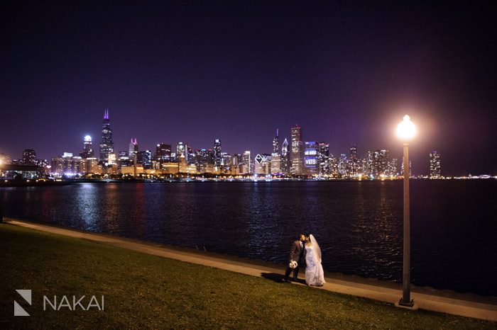 chicago skyline night adler planetarium wedding photo