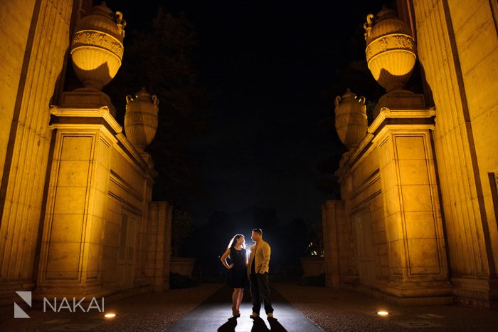SF palace of fine arts engagement picture at night