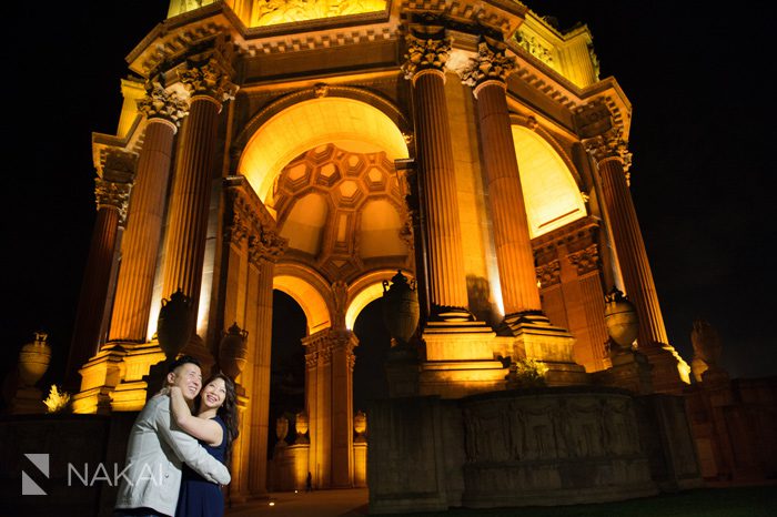 SF palace of fine arts engagement photo at night
