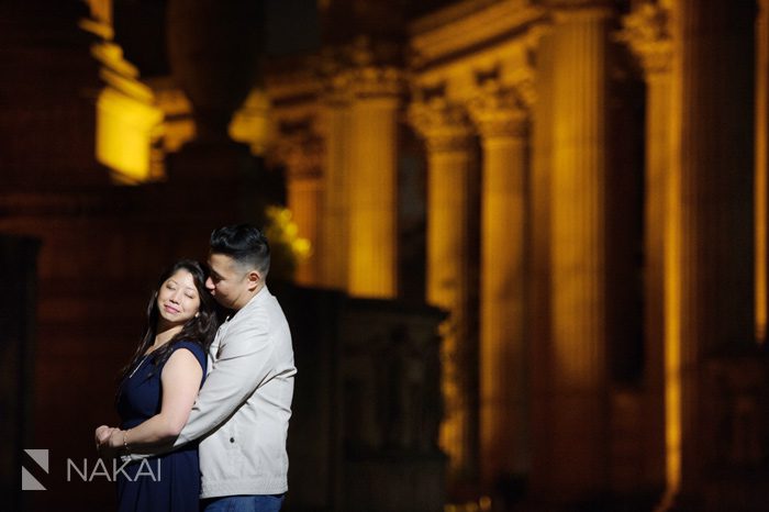 SF palace of fine arts engagement picture at night