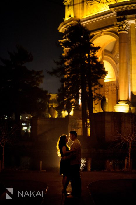 SF palace of fine arts engagement picture at night