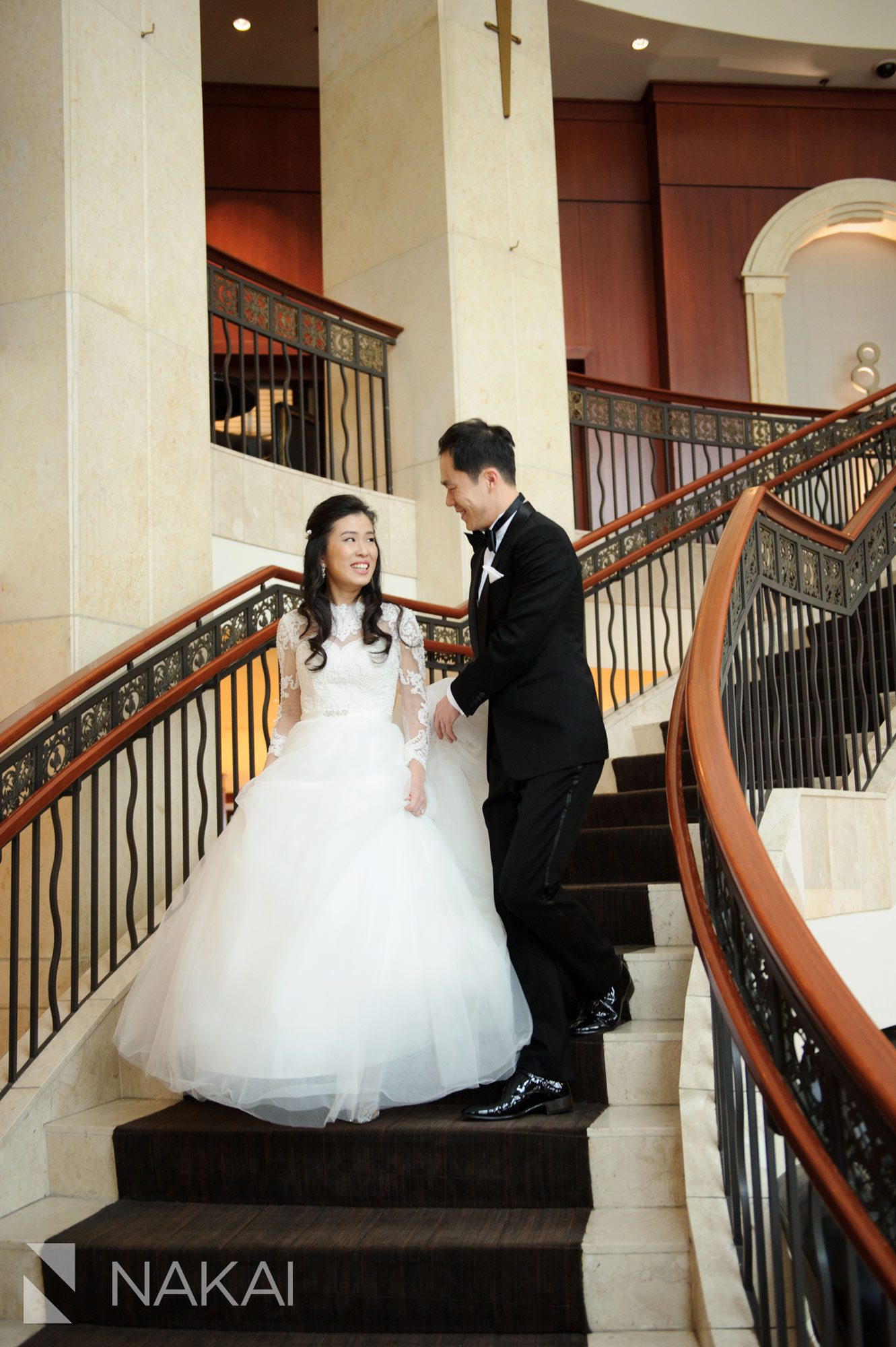 staircase intercontinental magnificent mile wedding photo chicago