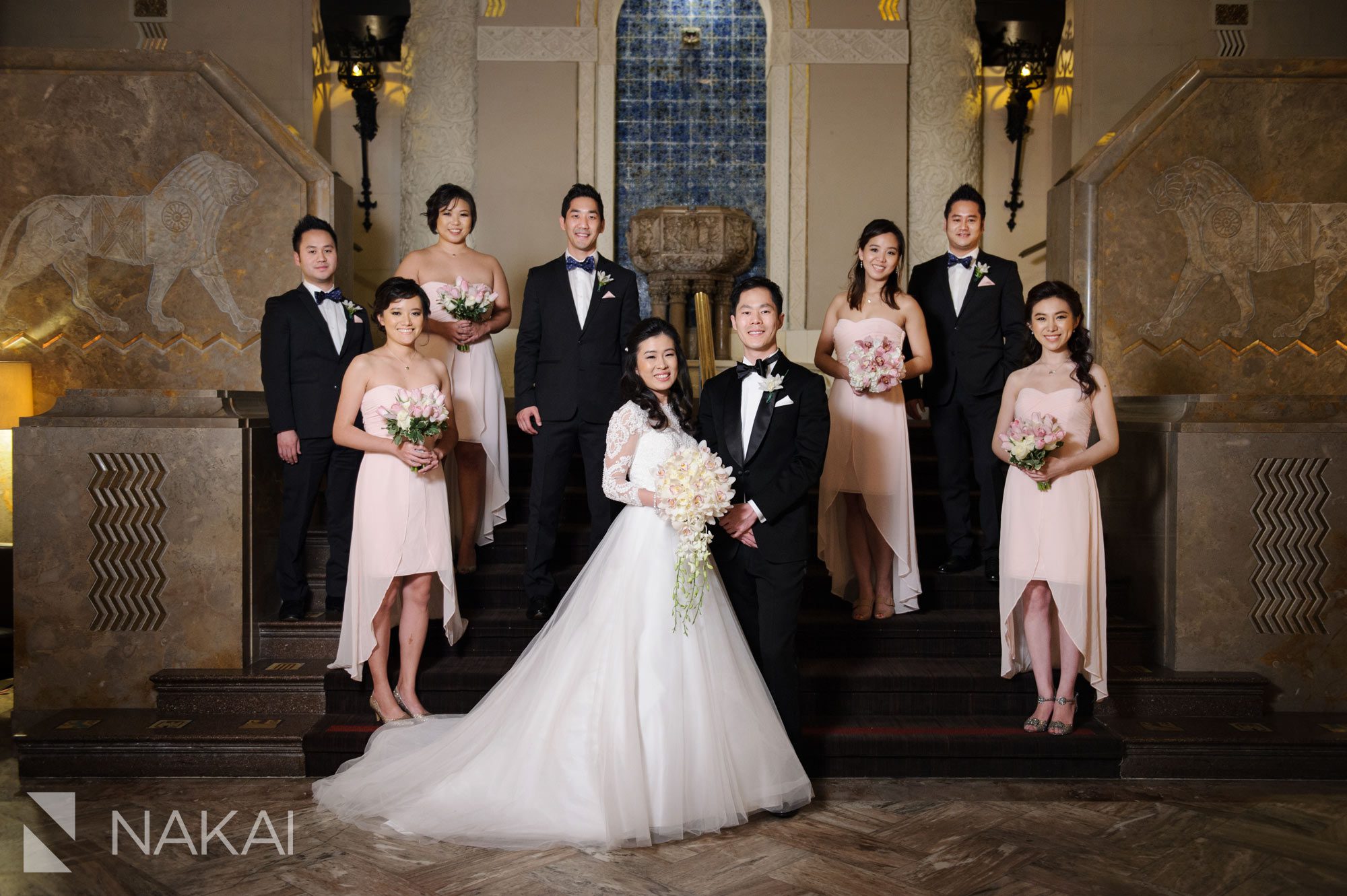 bridal party intercontinental magnificent mile wedding photo chicago hall of lions 
