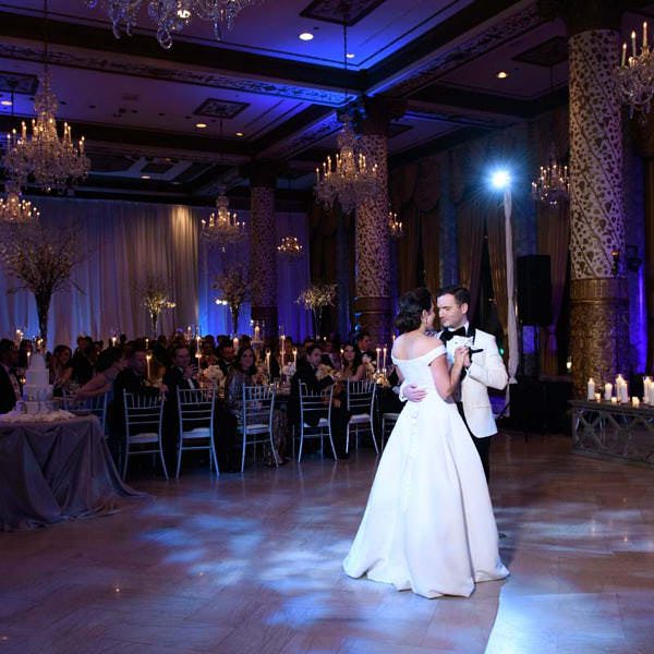 the drake hotel Chicago wedding photos bride groom first dance blue and purple lights