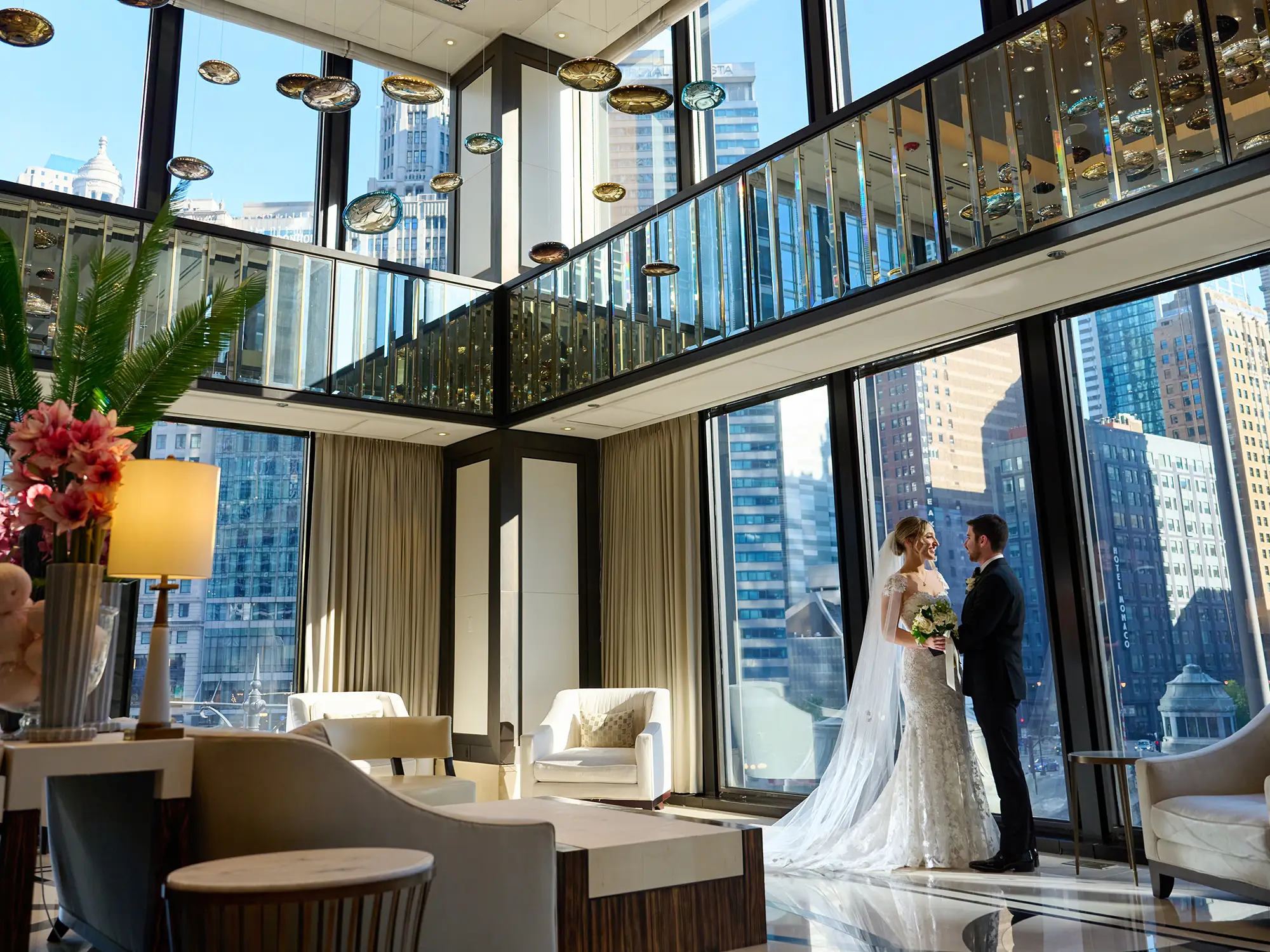 chicago langham wedding photo bride groom in lobby