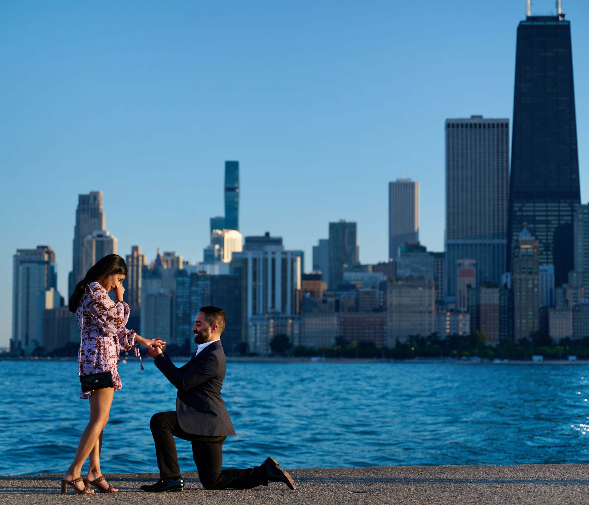 chicago proposal photographer north ave beach with skyline in background