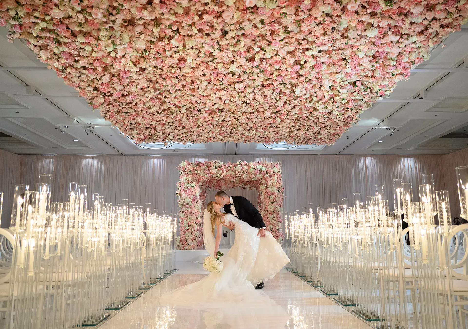 four seasons chicago wedding ceremony dip kiss