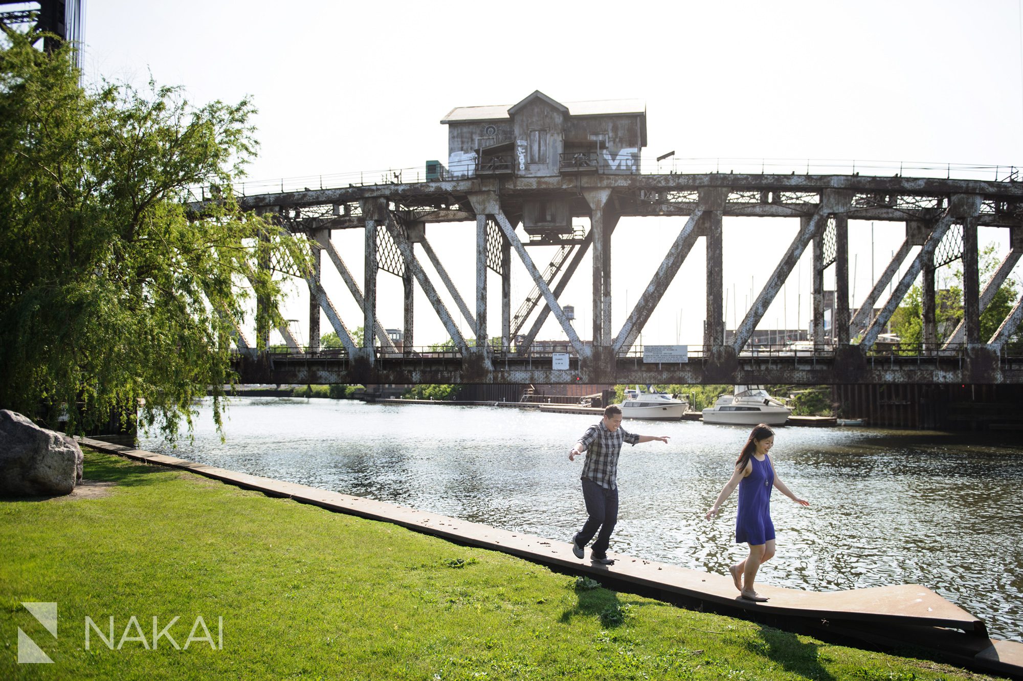artistic chicago engagement photographer river bridge