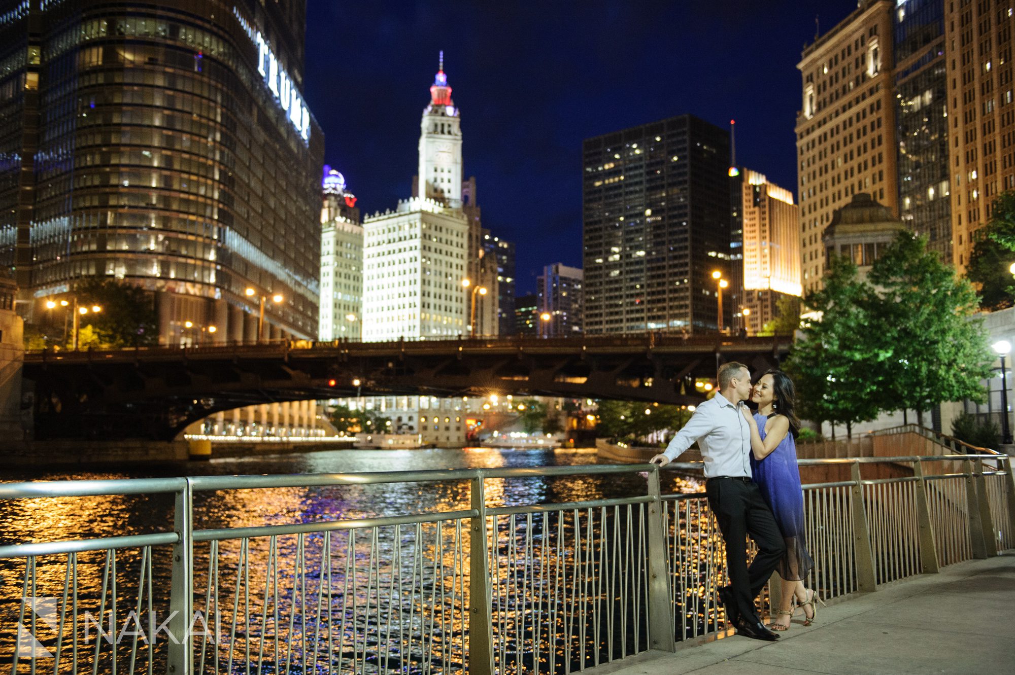 riverwalk night engagement photo chicago