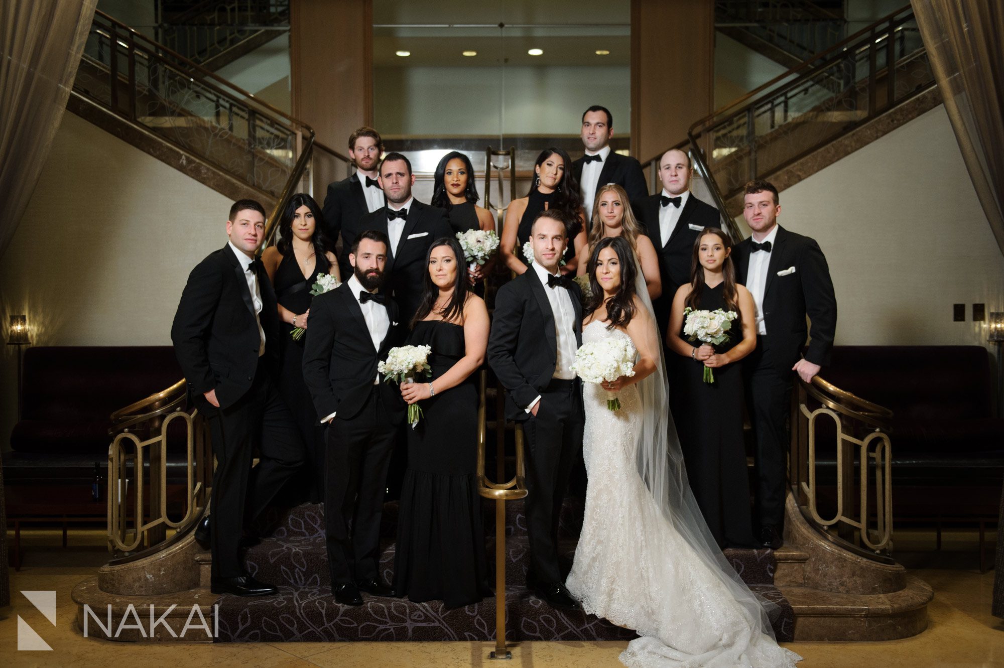 chicago fairmont wedding picture staircase bridal party