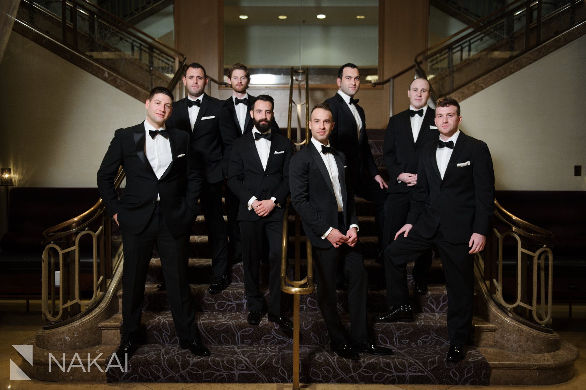 chicago fairmont wedding picture staircase bridal party