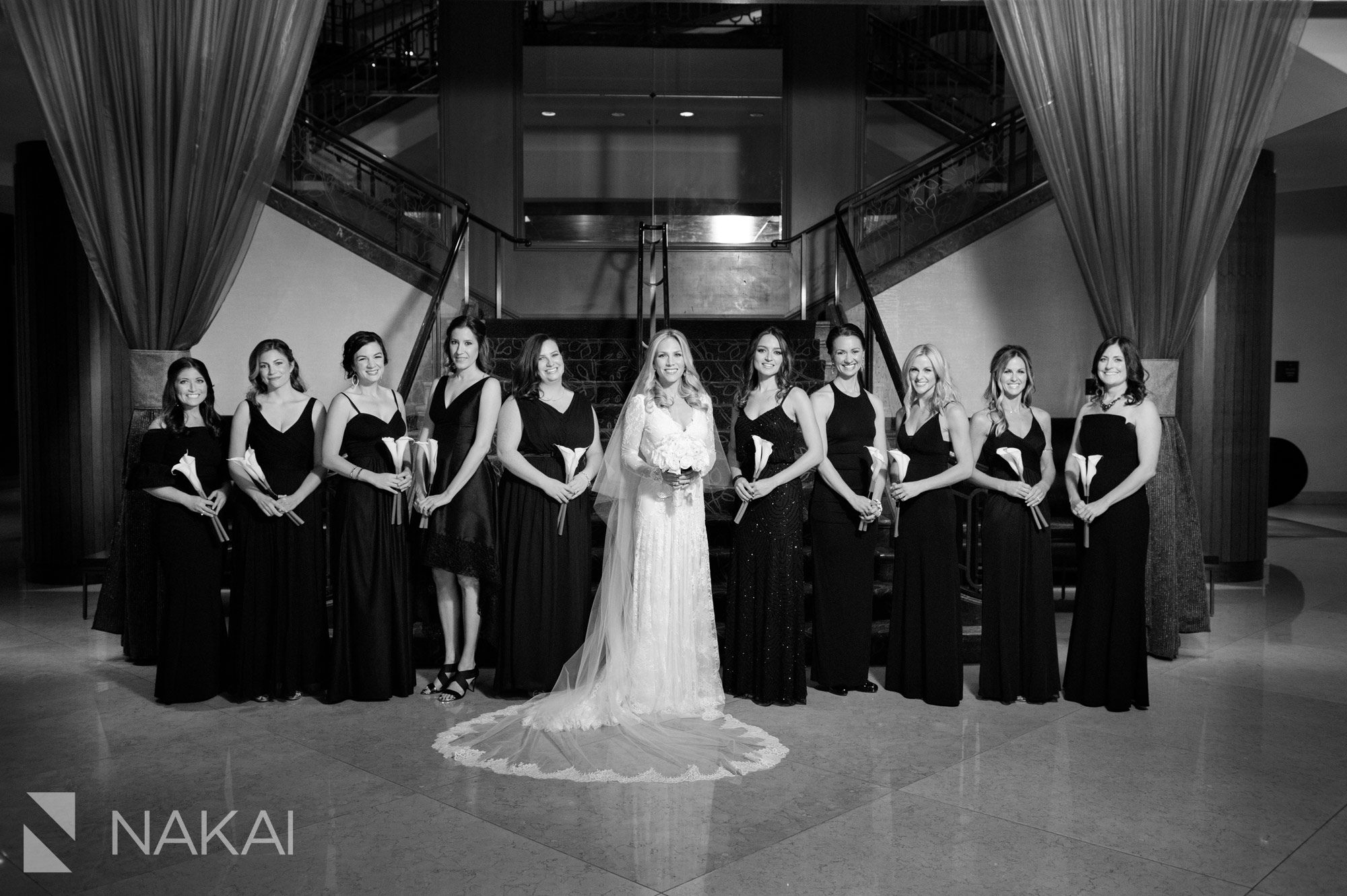 fairmont chicago wedding picture staircase bridal party