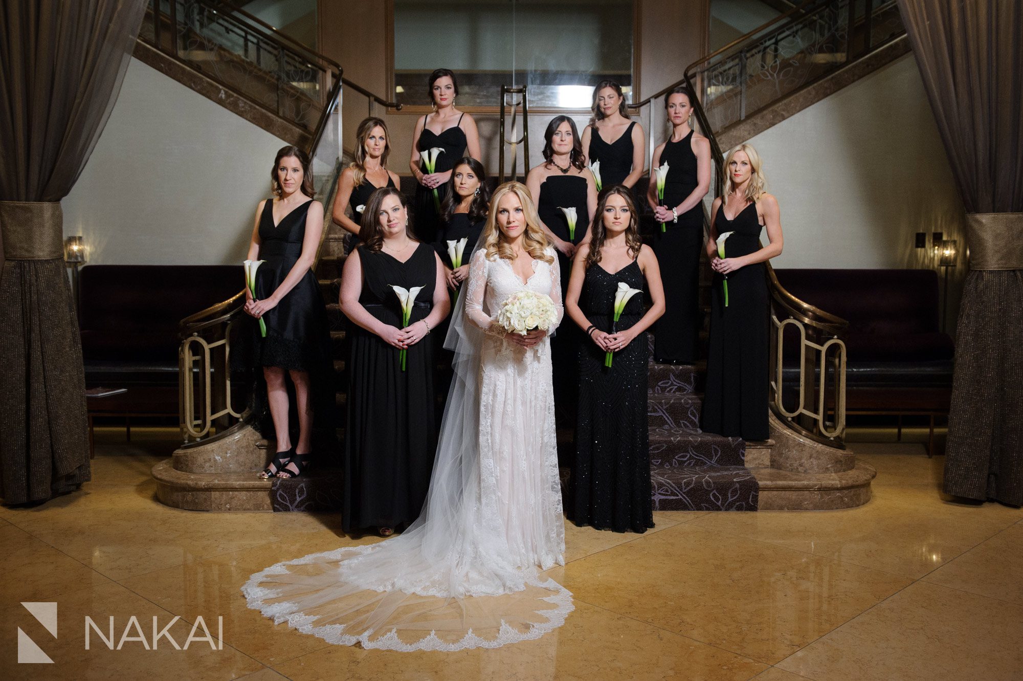 fairmont chicago wedding picture staircase bridal party