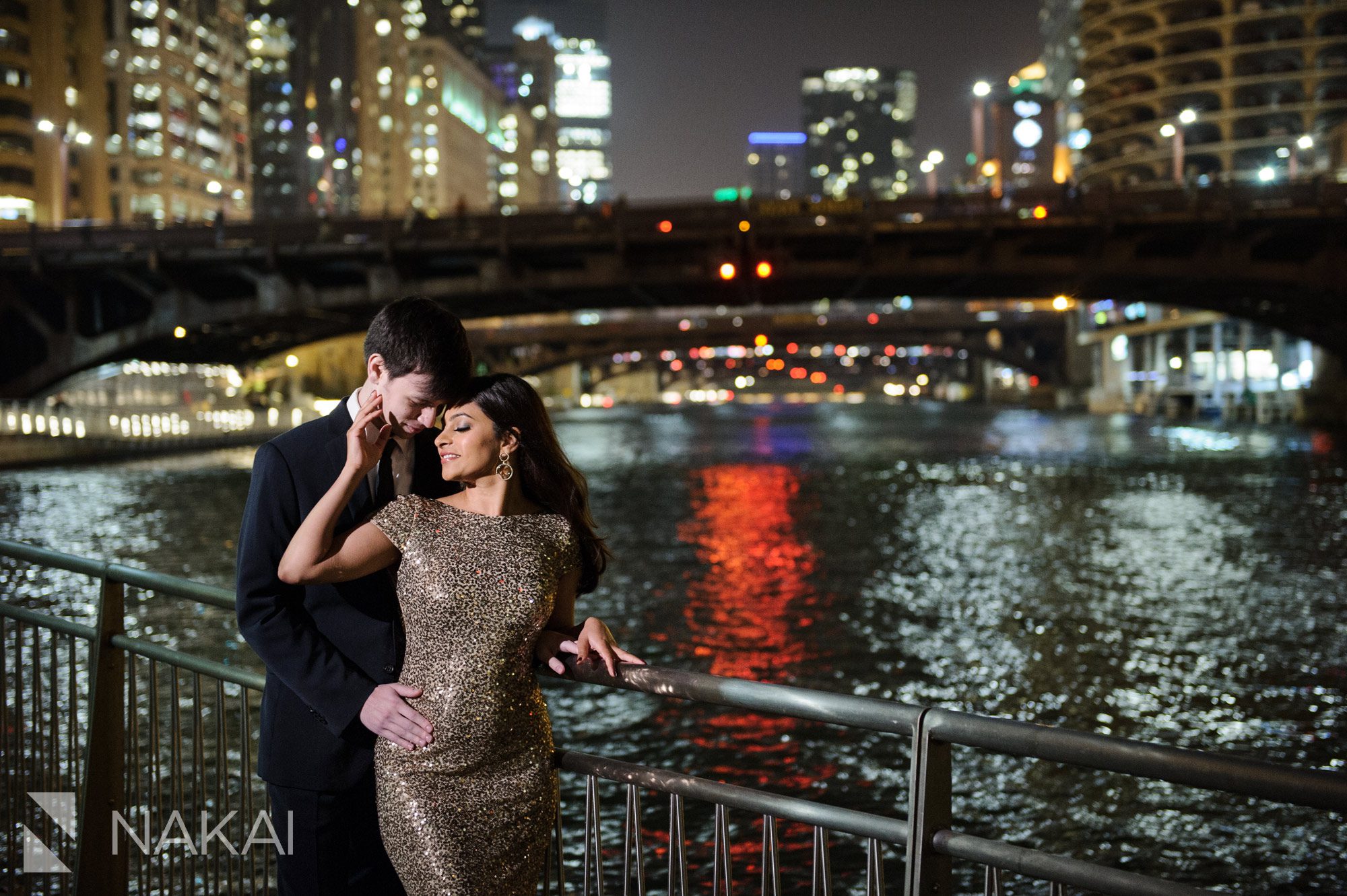 riverwalk engagement photo chicago night time 