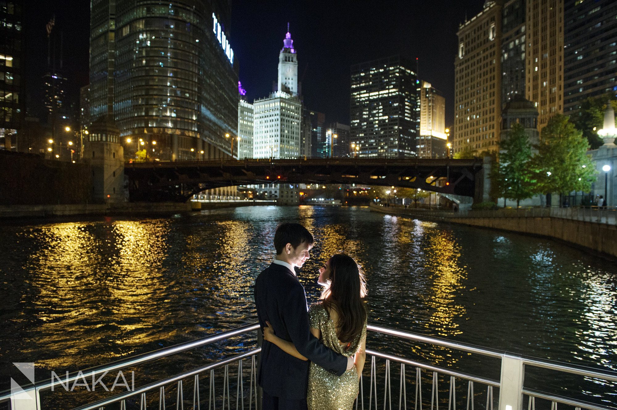 riverwalk engagement photographer chicago night time 