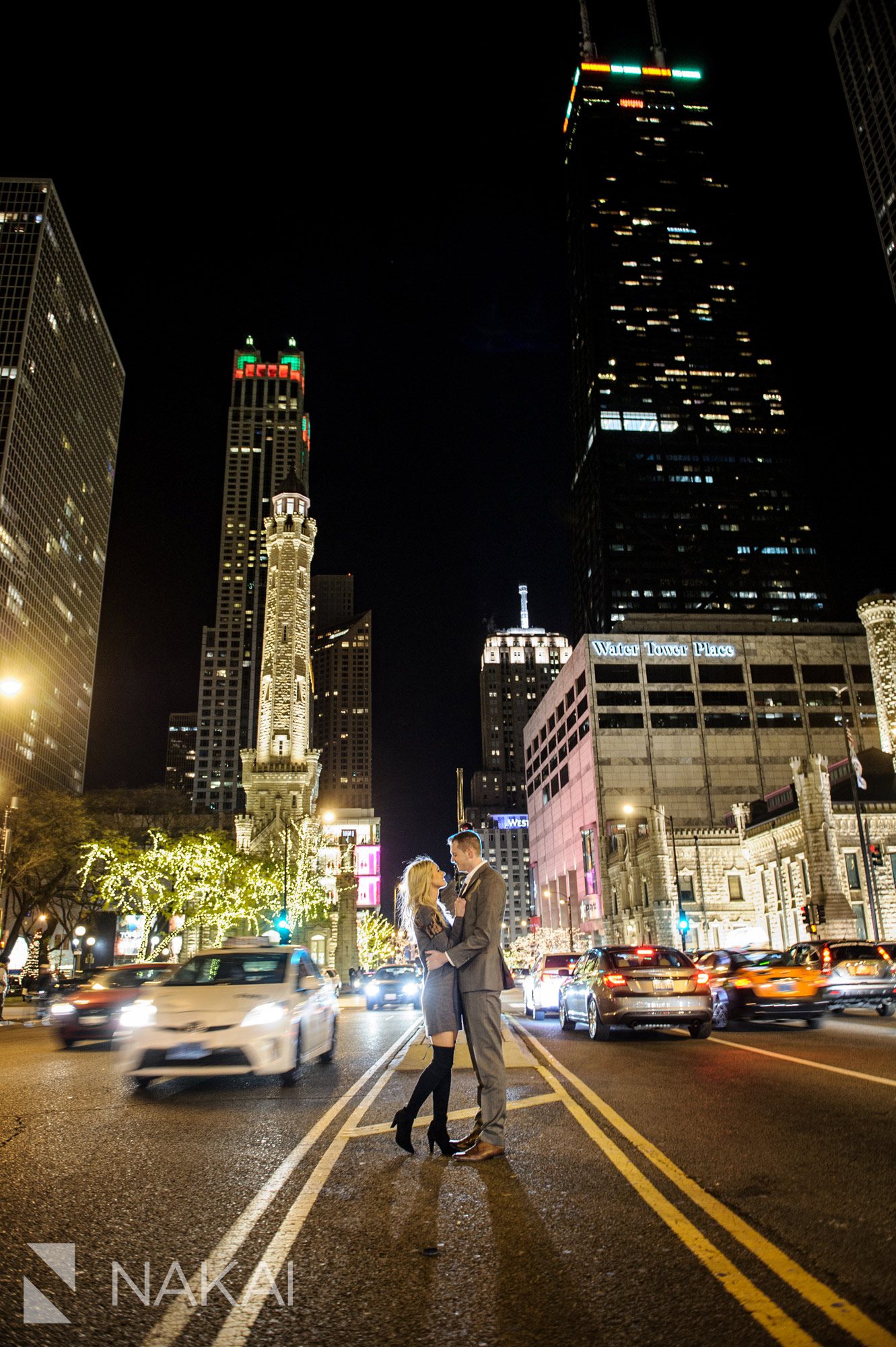 michigan ave engagement photographer night time