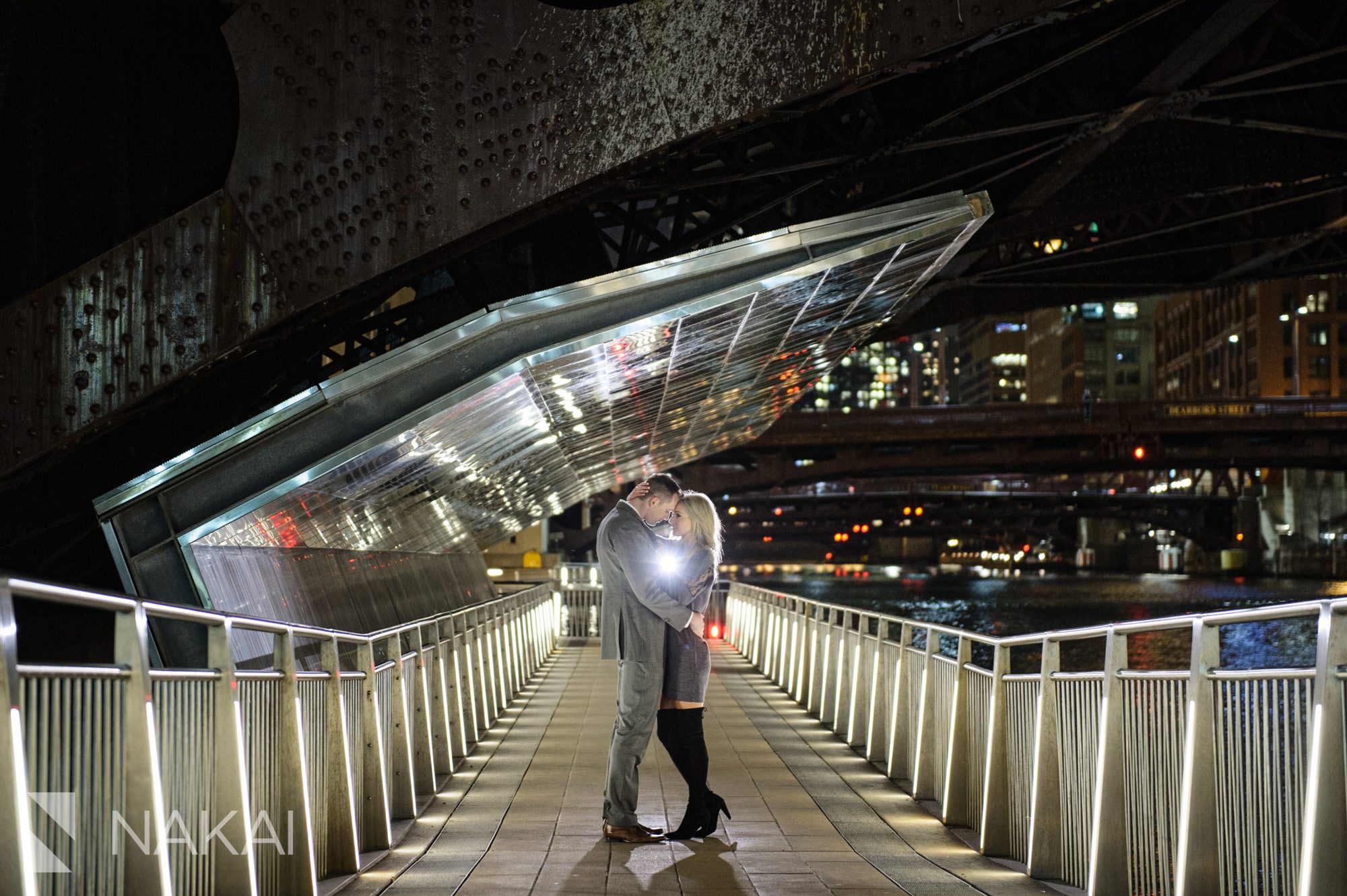 riverwalk engagement photographer chicago night time