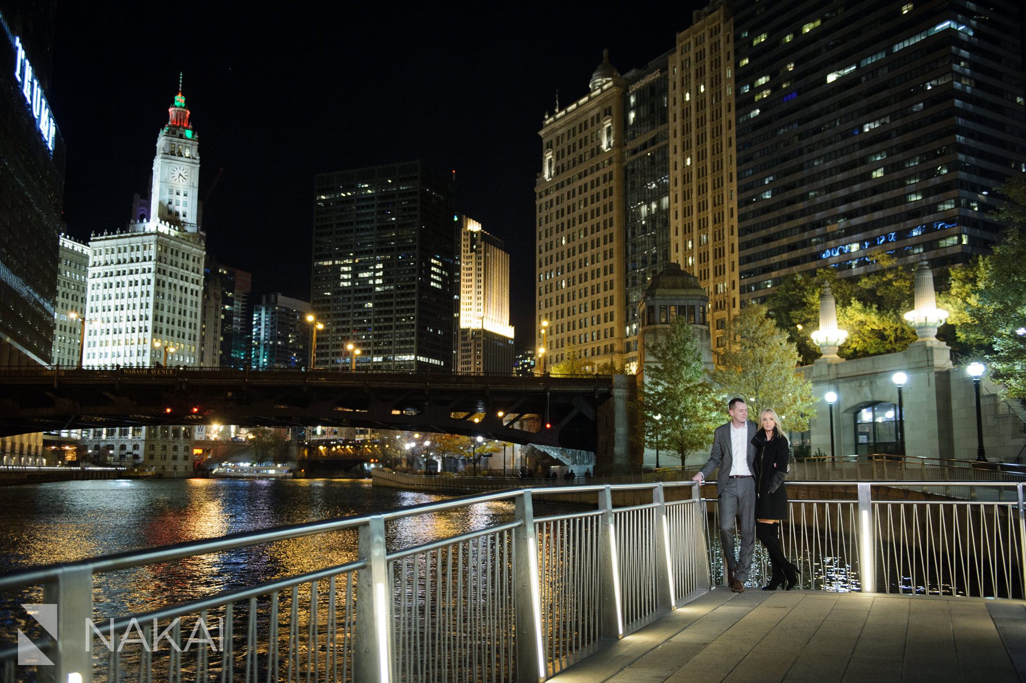riverwalk engagement photo chicago night time