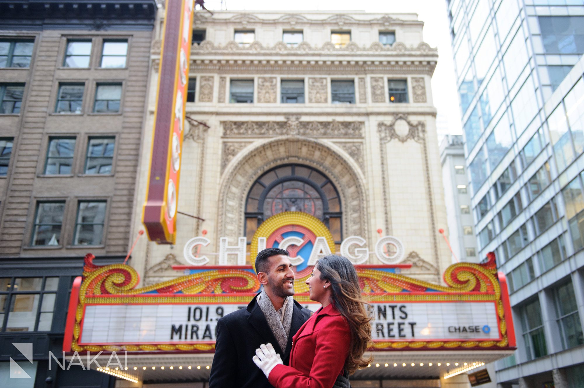 winter chicago engagement photo marquee