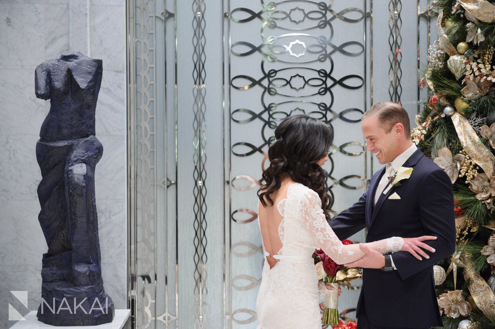 chicago waldorf wedding photographer bride groom lobby