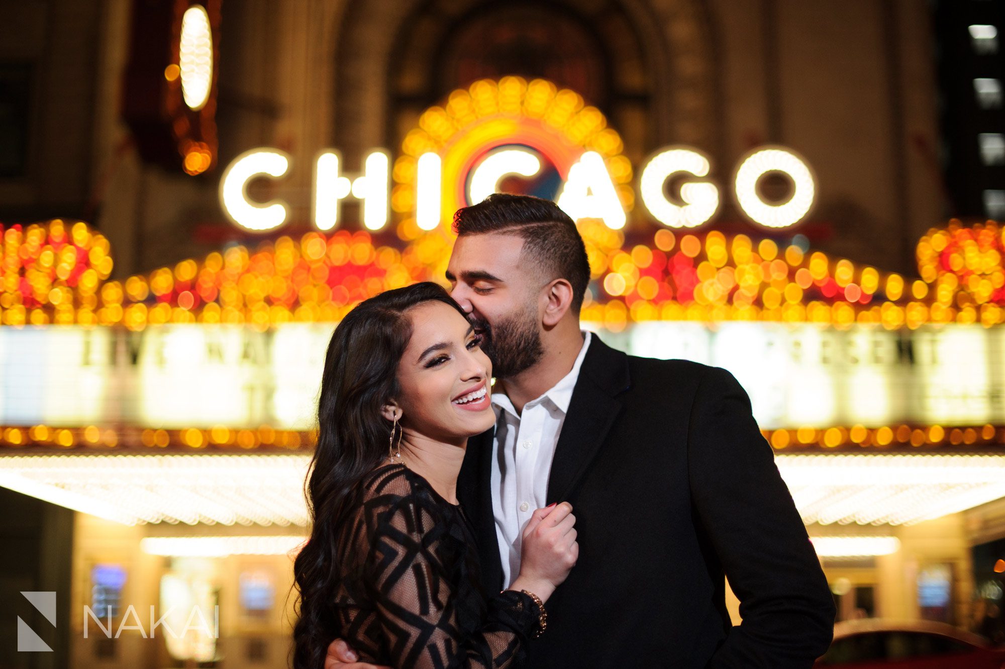 best night chicago engagement locations photographer marquee sign