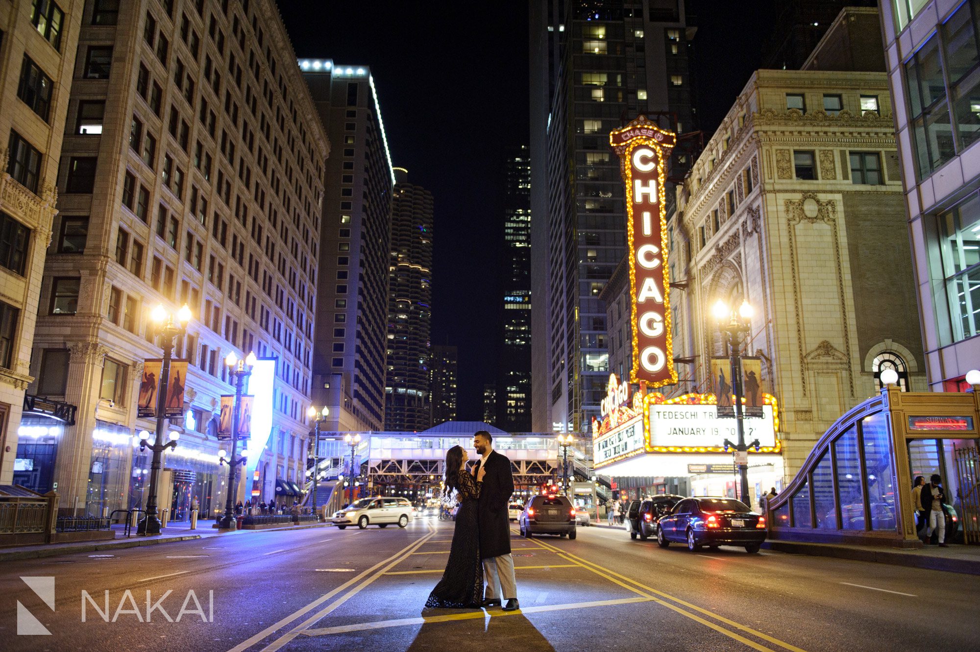 best night chicago engagement locations photographer marquee sign