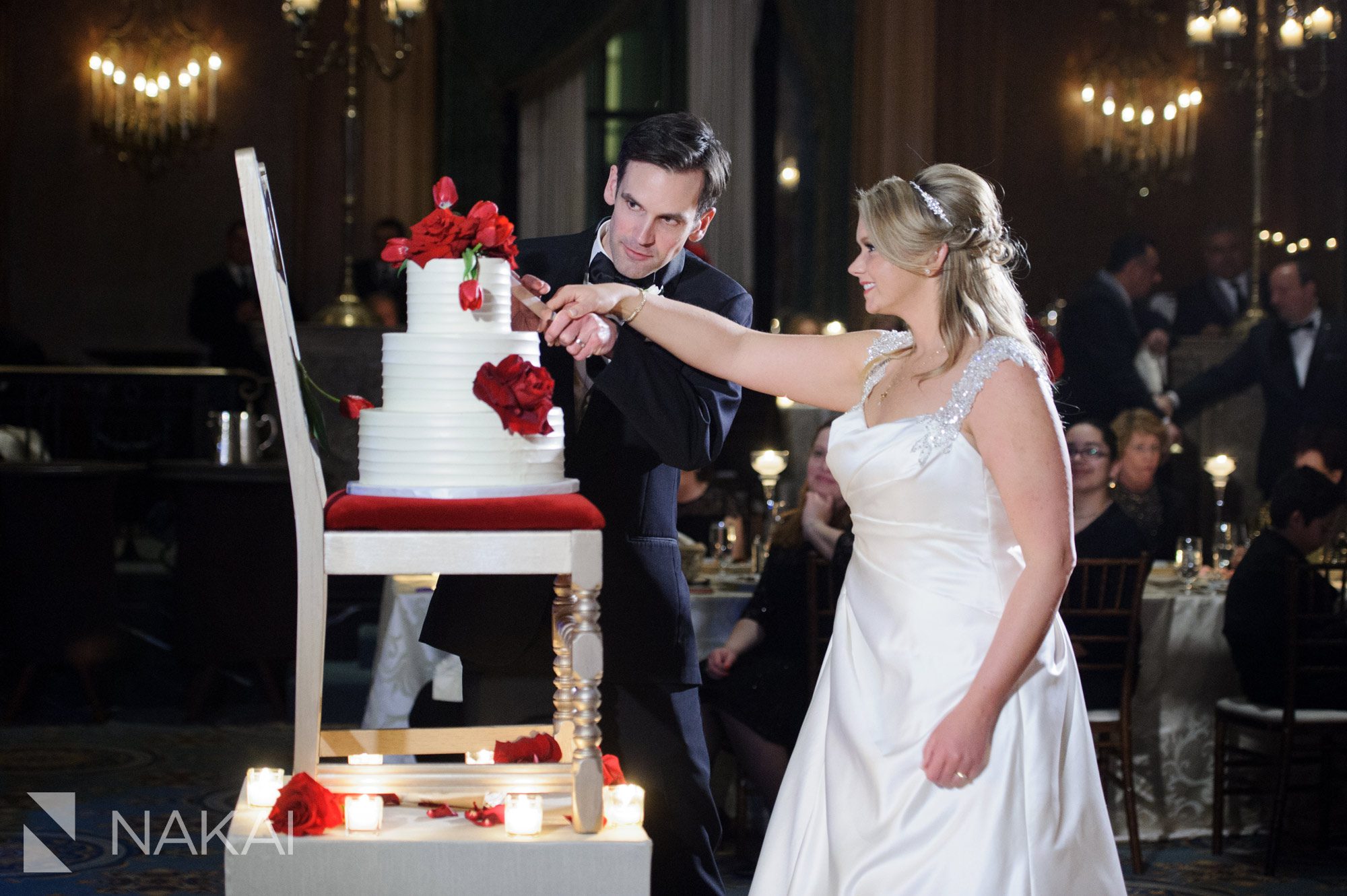 Intercontinental Chicago wedding photos reception magnificent mile cake cutting