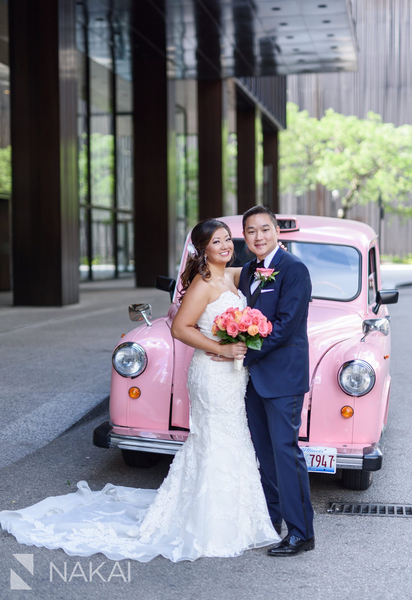 Langham Chicago wedding pictures pink taxi asian