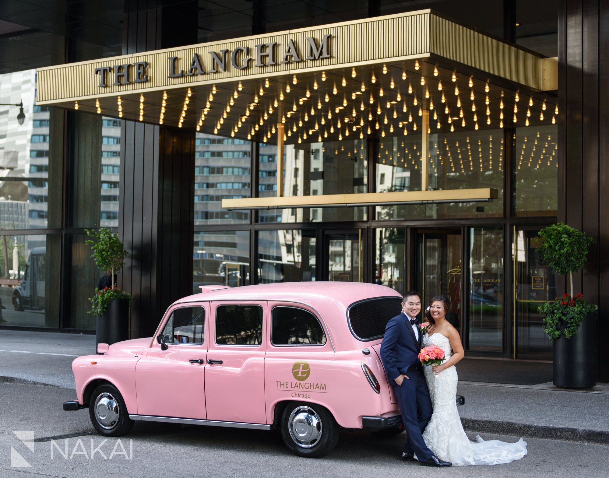 Langham Chicago wedding photos pink taxi asian