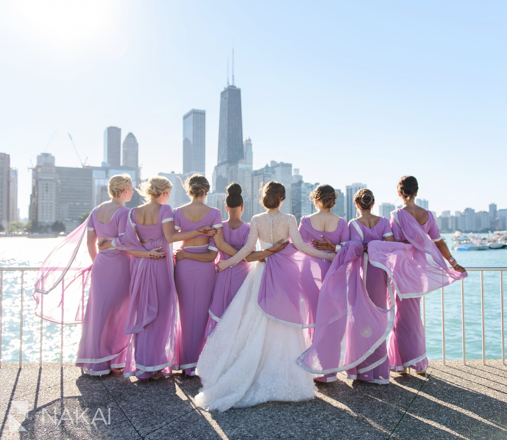 olive park wedding photos Chicago skyline bridesmaids