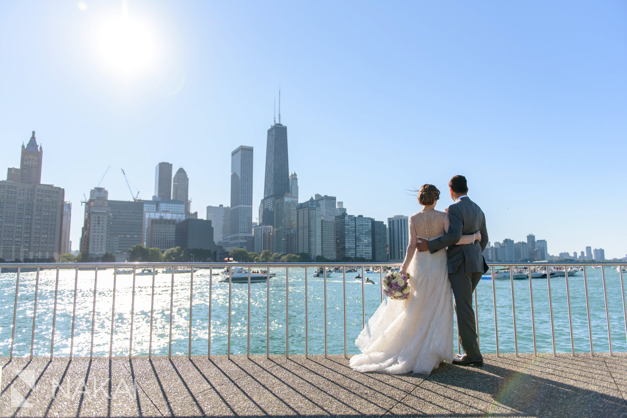 olive park wedding pictures Chicago skyline