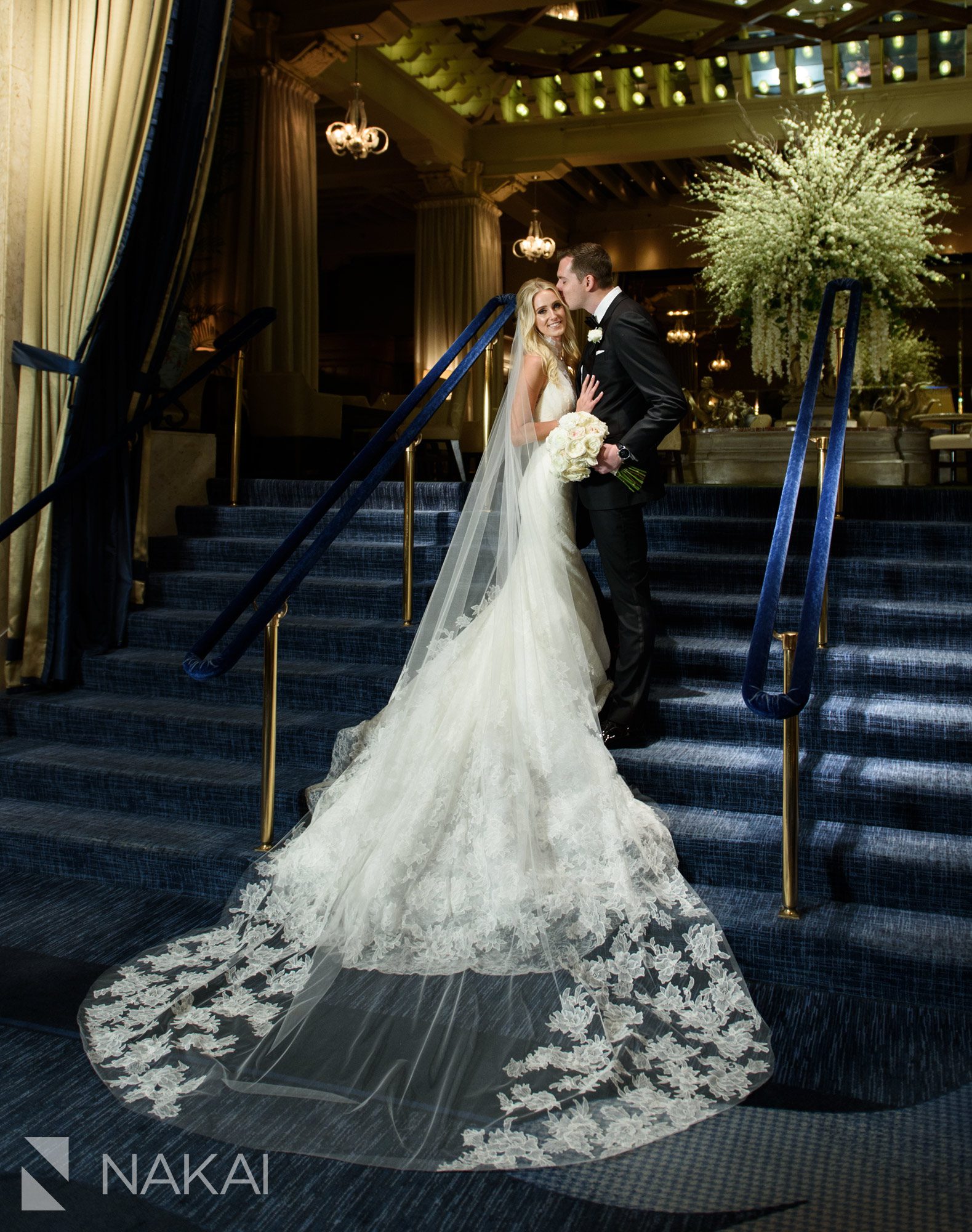 chicago drake wedding photos staircase lobby