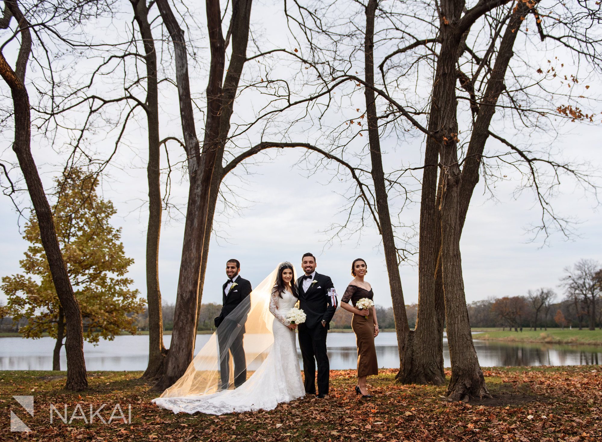 chicago fall wedding photo forest preserve bridal party