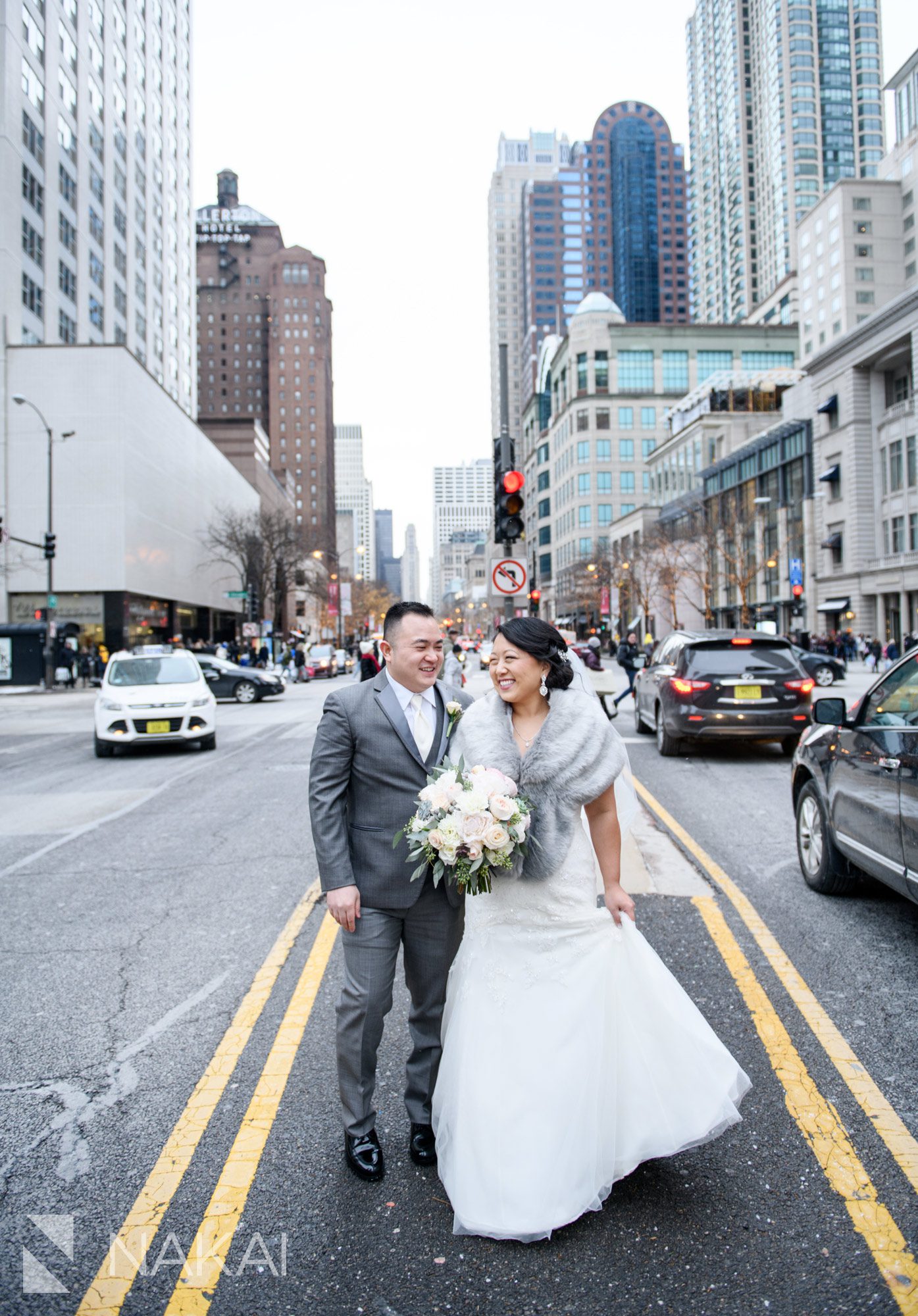 Chicago winter wedding photo Michigan ave bride groom