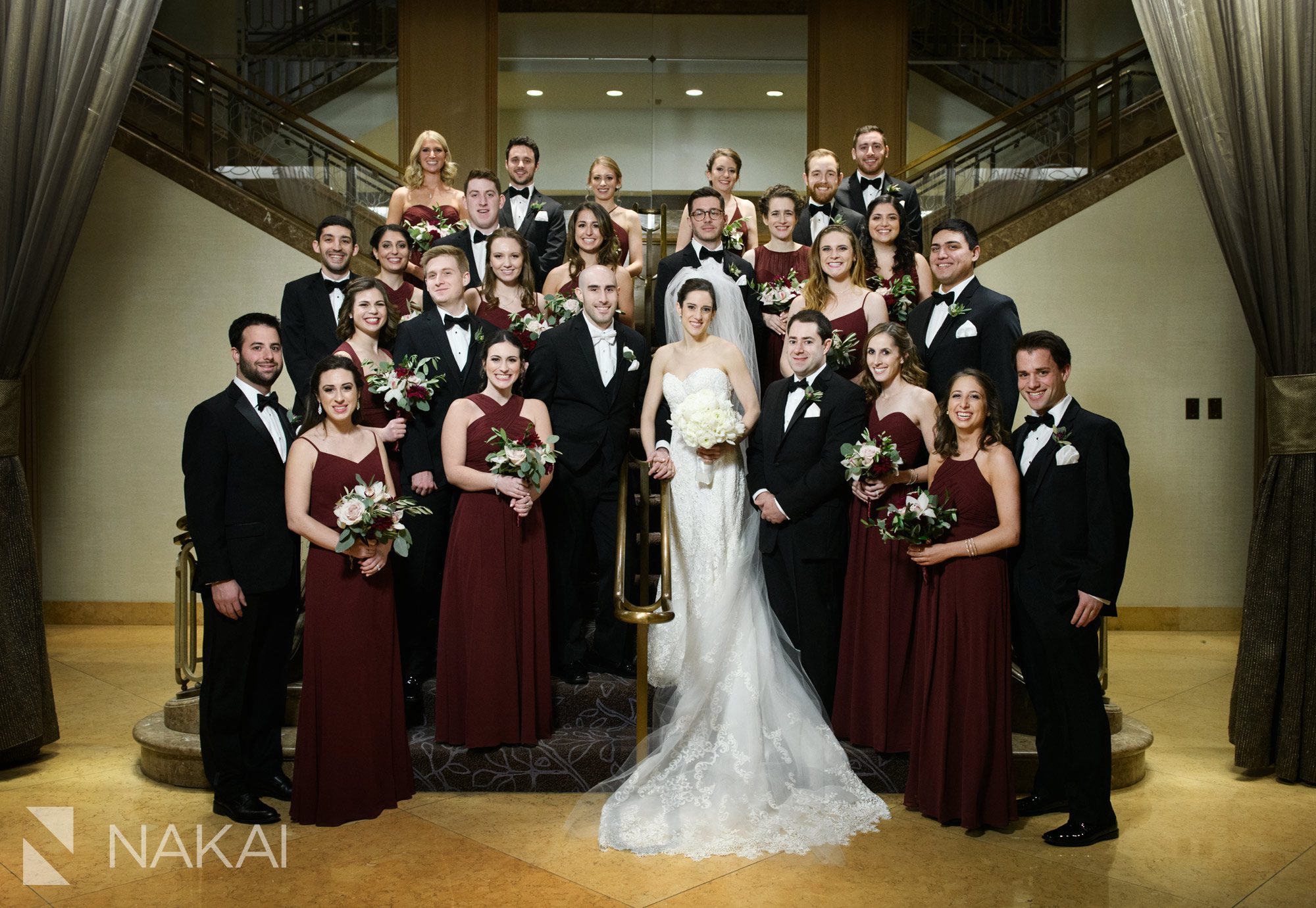 fairmont chicago wedding photos staircase bride groom