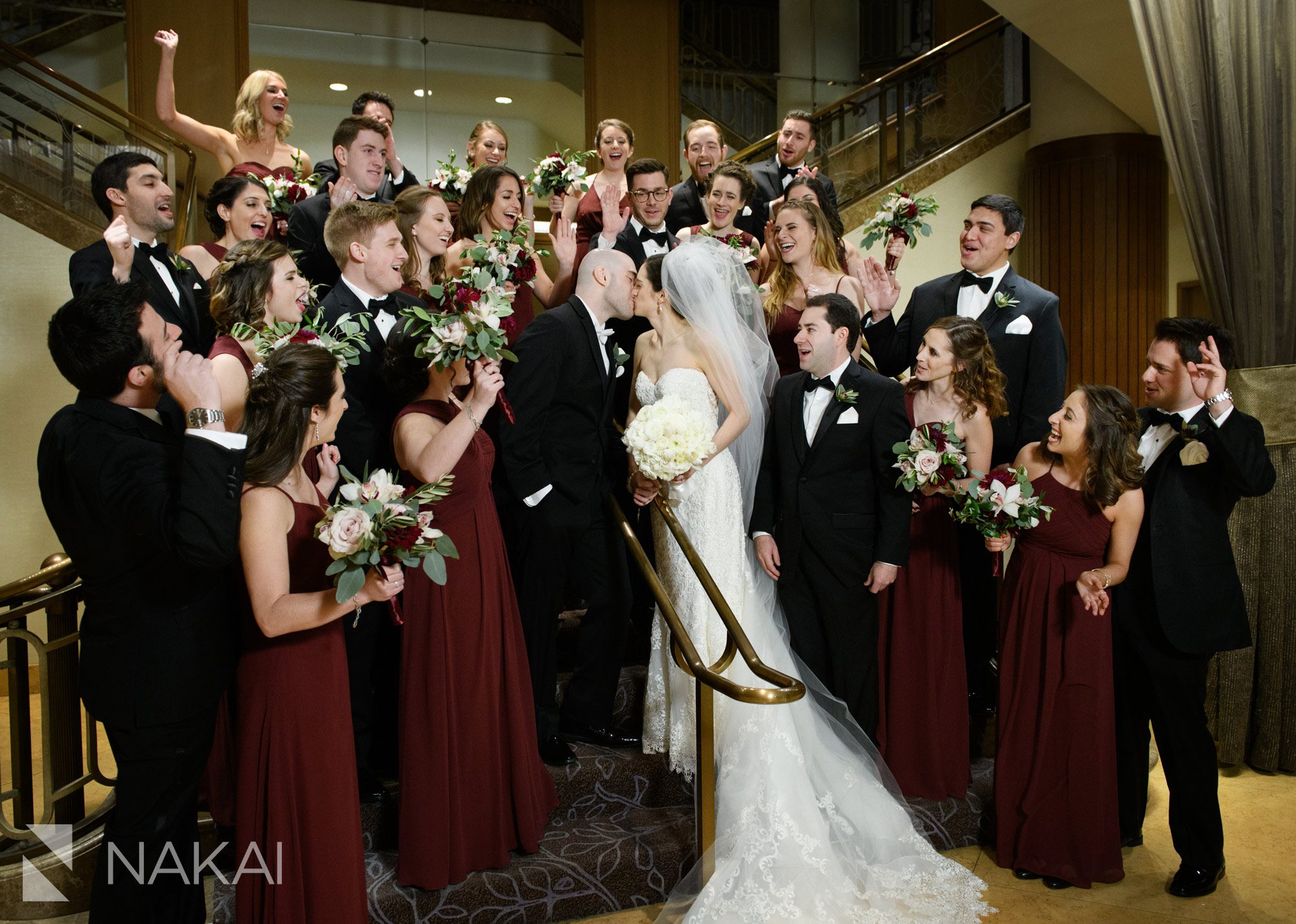 fairmont chicago wedding photos staircase bride groom
