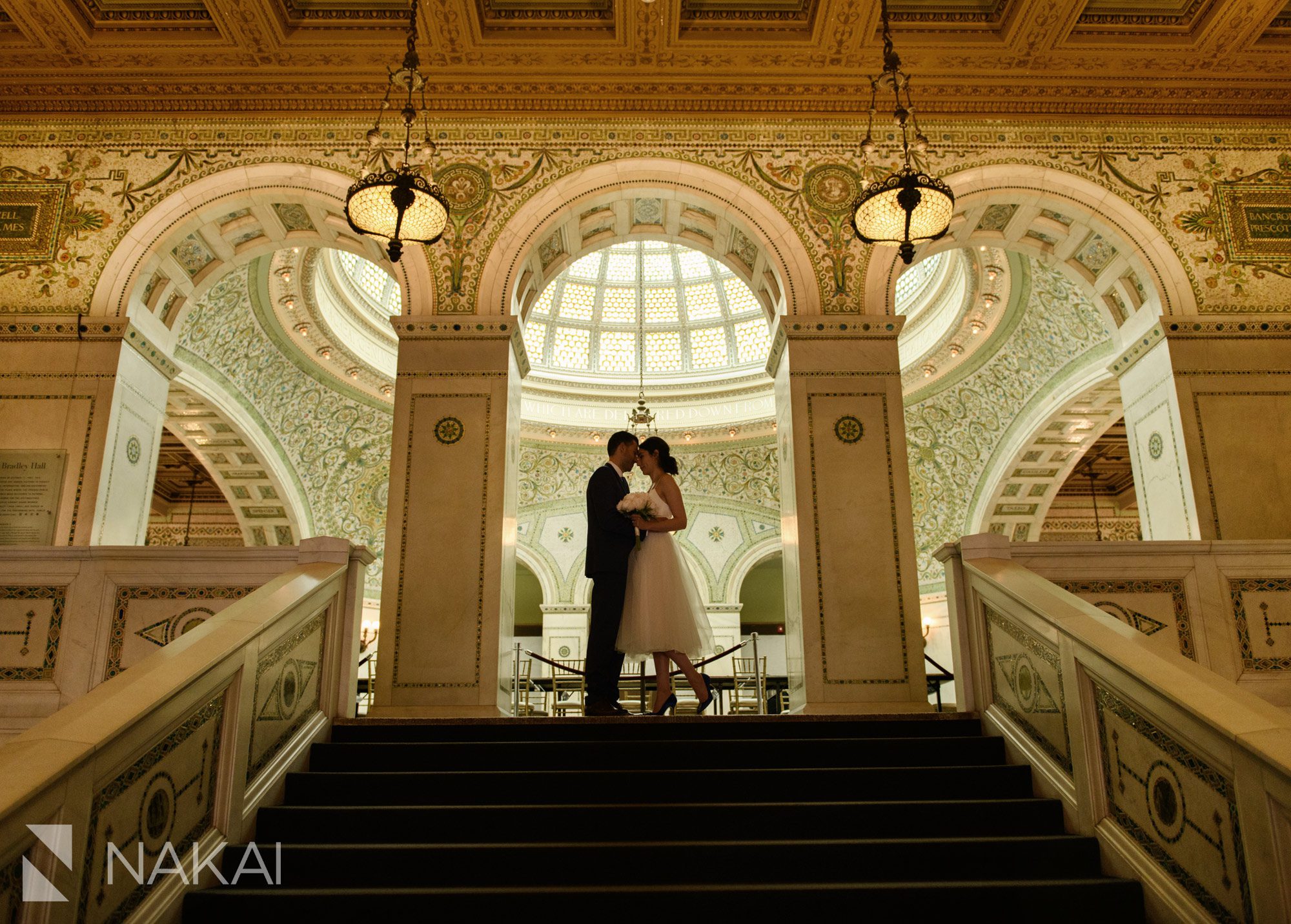 Chicago Cultural Center wedding photographer Tiffany dome staircase