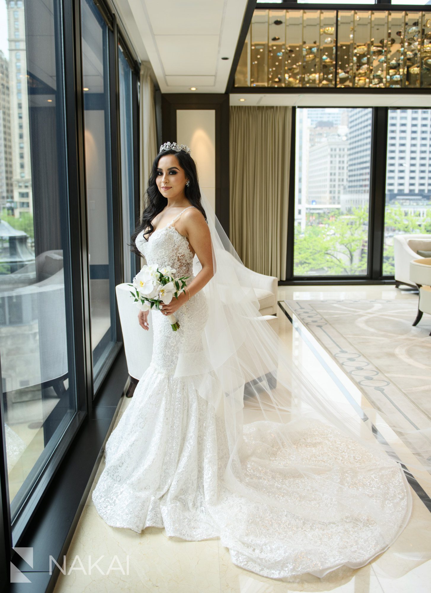 Chicago langham wedding photographer lobby bride portrait