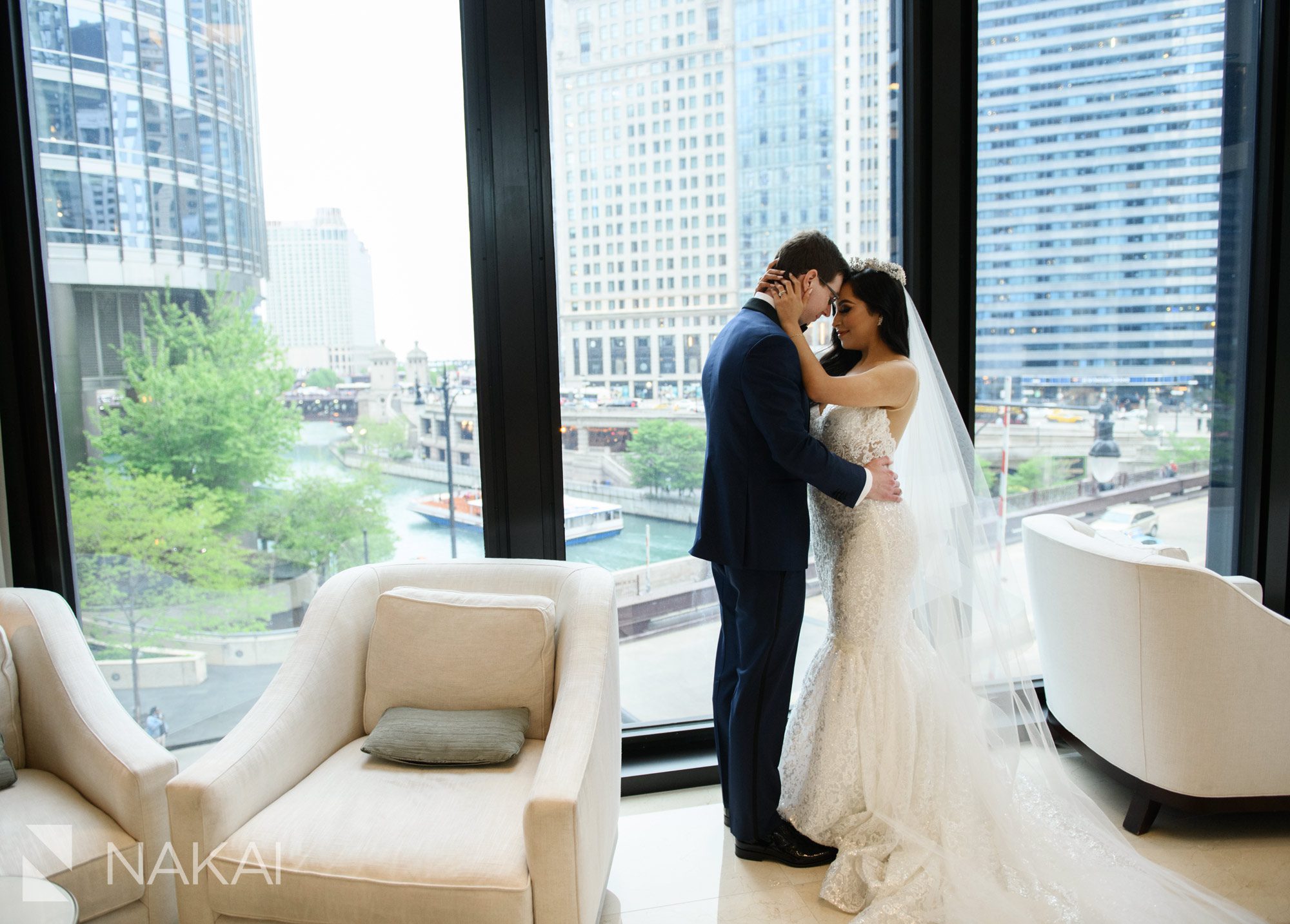 langham Chicago wedding photographer lobby bride groom portrait
