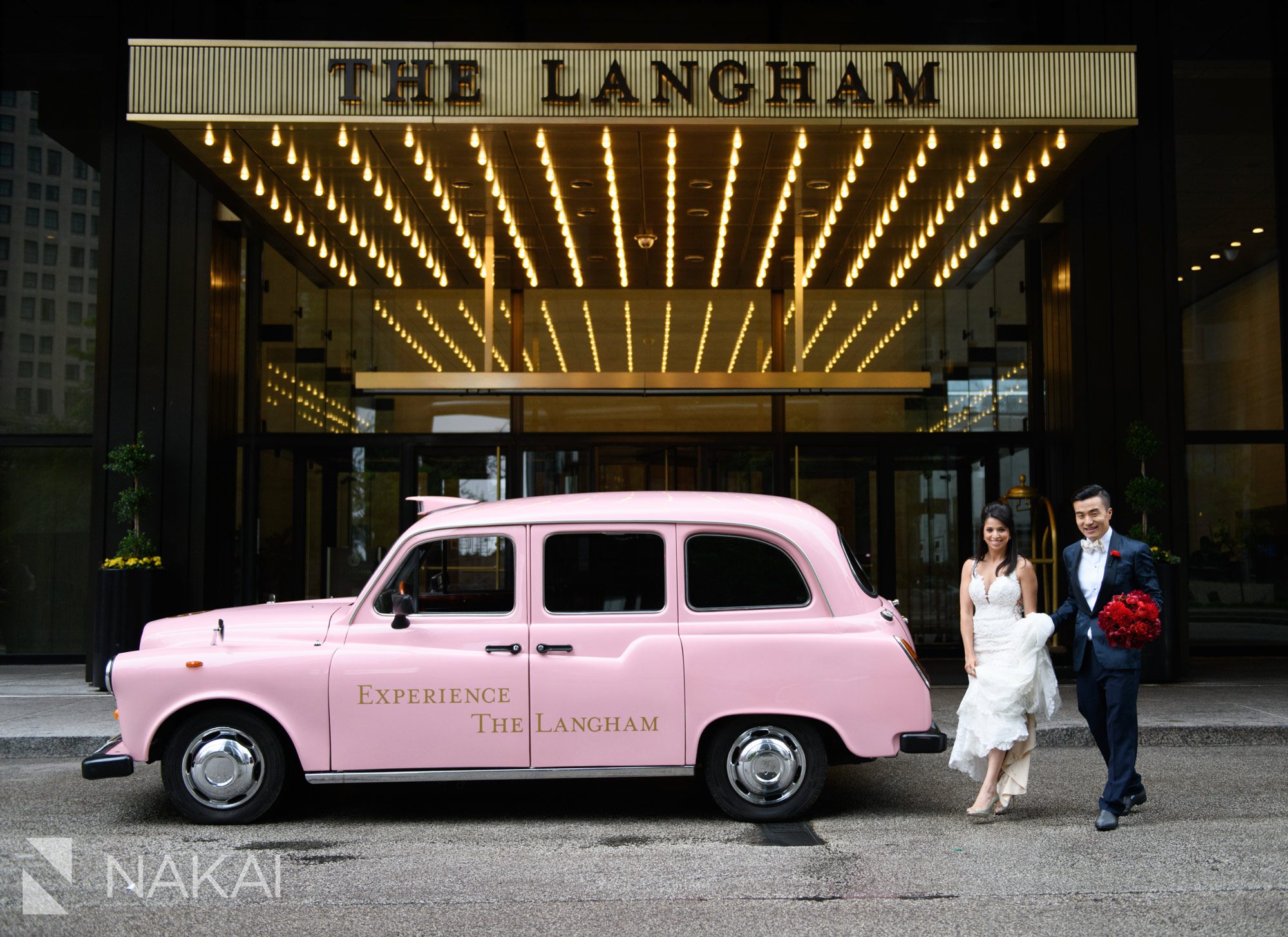 best Langham Chicago wedding photographer pink taxi