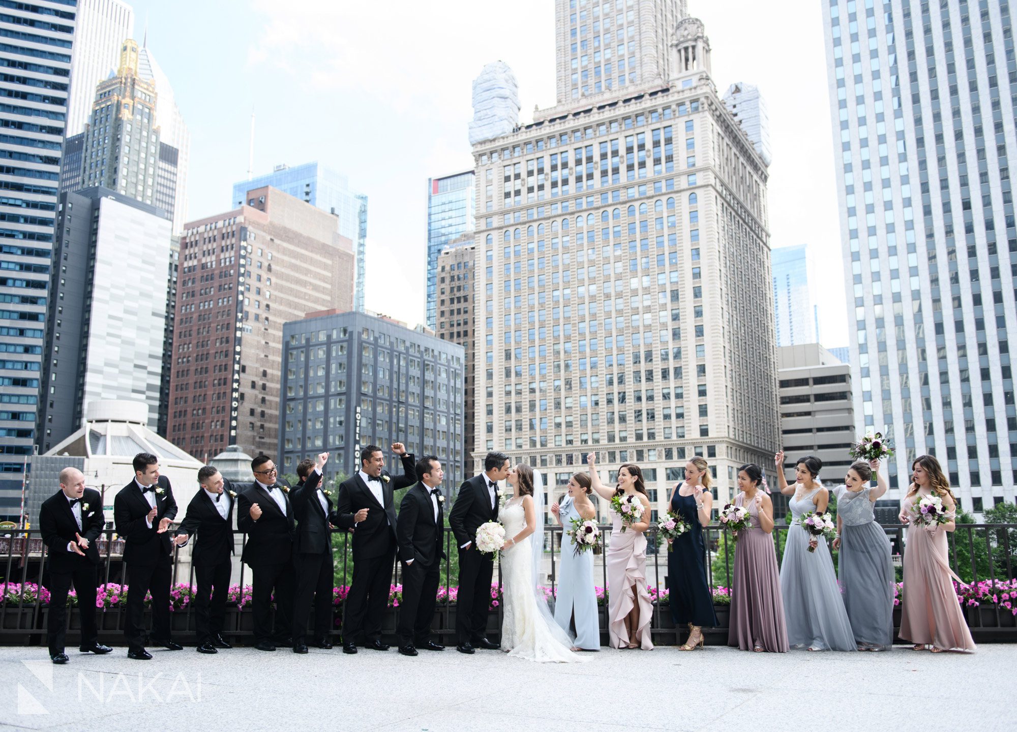 Chicago luxury wedding photographer bridal party riverwalk