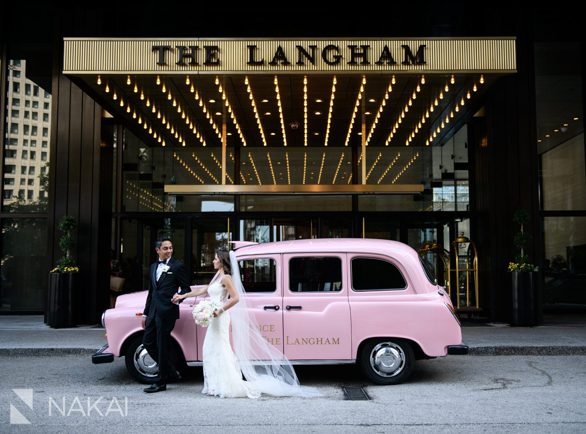 langham Chicago wedding photo pink taxi bride groom