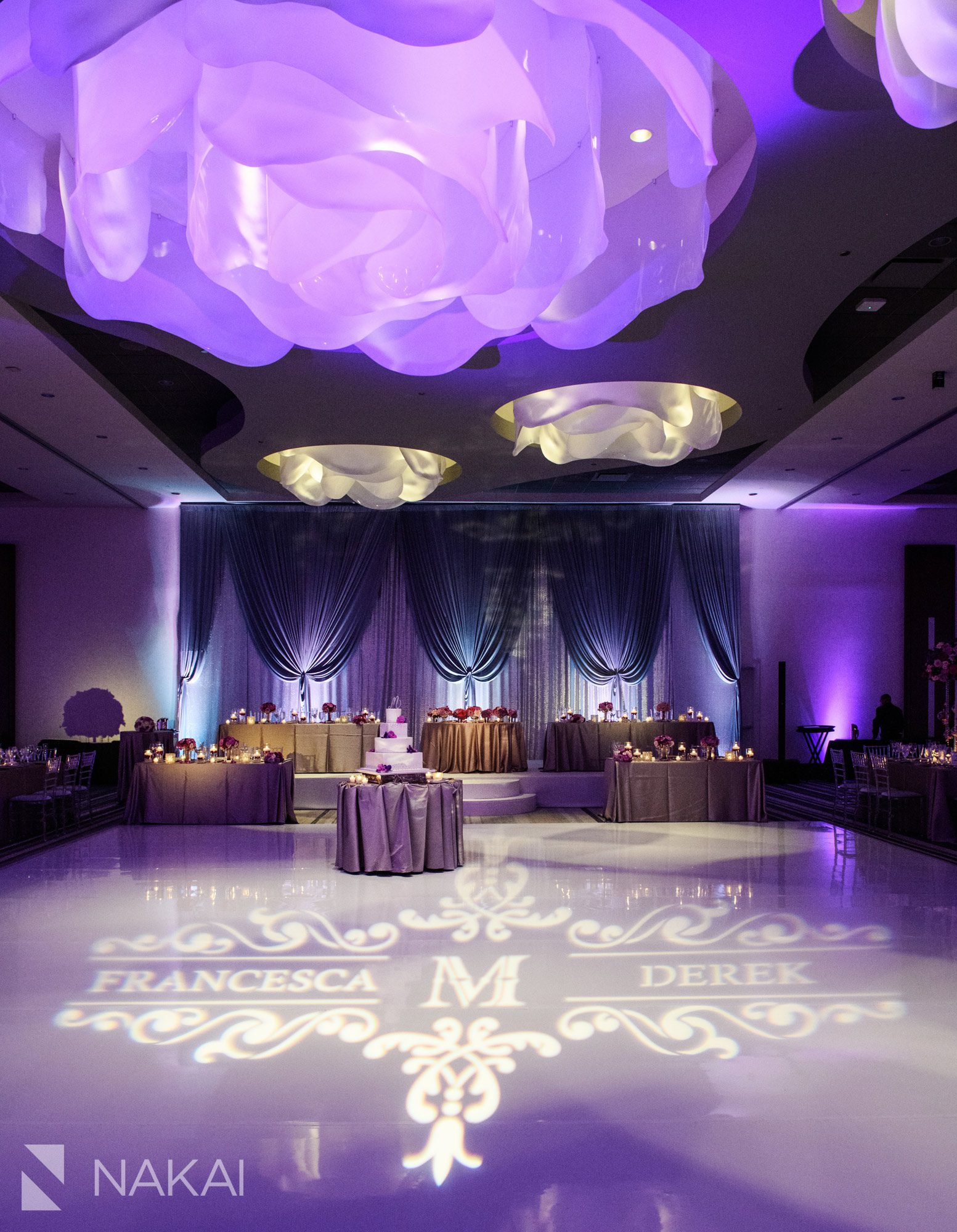 chicago loews o'hare wedding photos reception purple lights