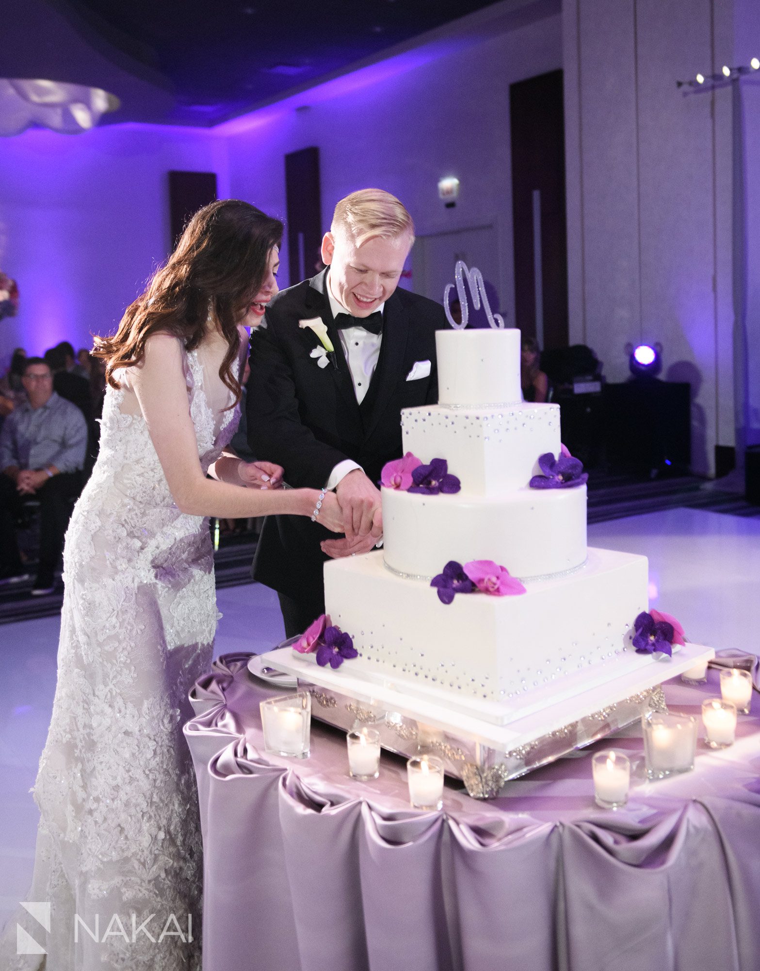 chicago loews o'hare wedding photos reception bride groom cake cutting